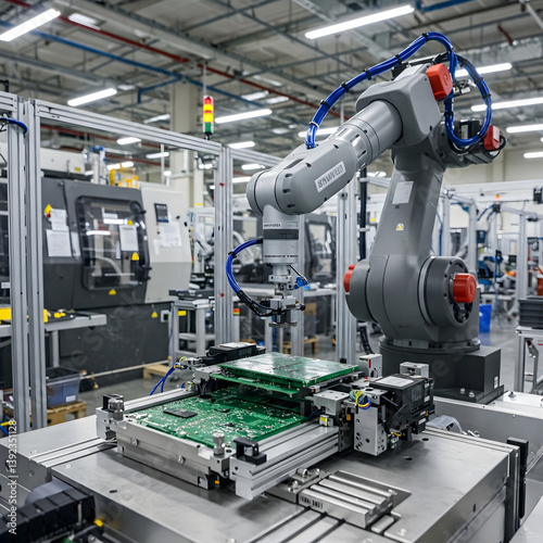 Obraz na płótnie Industrial robot arm precisely handling circuit boards in a modern factory setting. Automation technology w salonie