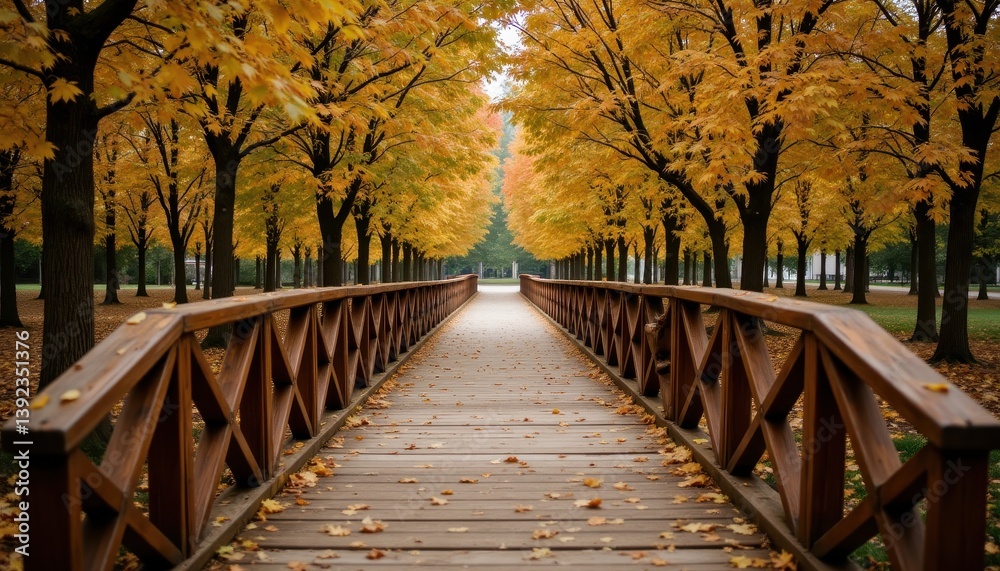 Obraz premium Wooden bridge captured at eye level with trees arching over, creating a tunnel of autumn