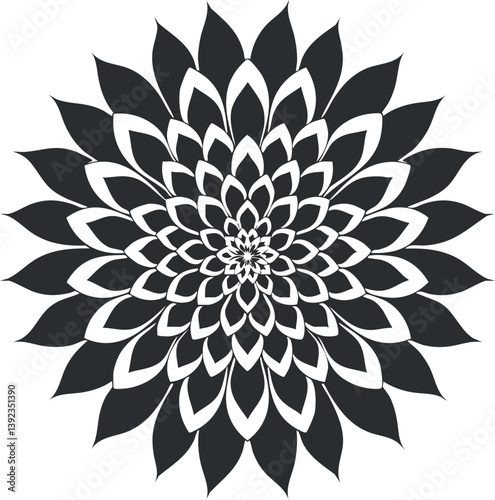 Black and white mandala with intricate floral pattern, showcasing symmetry and geometric design.