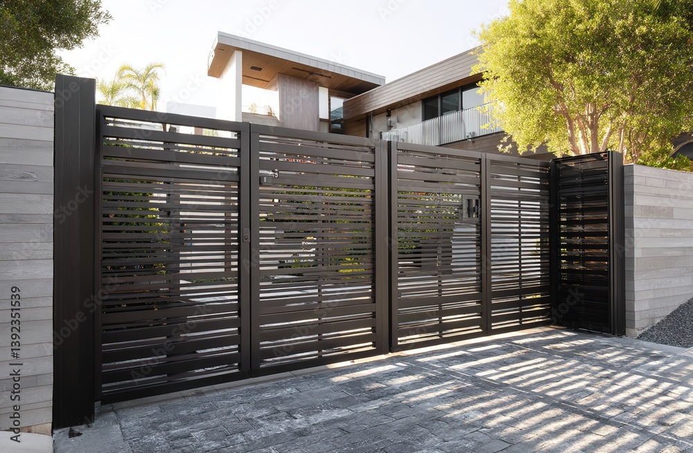 A modern black metal gate with horizontal slats, flanked by concrete walls and lush greenery, set in front of a contemporary white building with large windows and a balcony. A modern black metal gate with horizontal slats, flanked by concrete walls and lush greenery, set in front of a contemporary white building with large windows and a balcony.