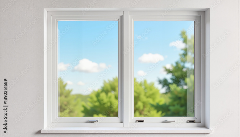 Obraz premium Freshly painted window frame reflecting blue sky and greenery, serenity