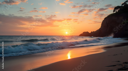 Picturesque sunset over the ocean from the island. Deserted island in the evening with evening panorama of the sunset over the horizon. Waves near the shore and the sunset.