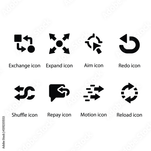Exchange, Expand, Aim, Redo, Shuffle, Repay, Motion, Reload, Black Icon Set