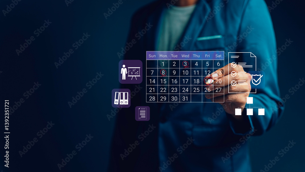 Businessman interacting with virtual calendar interface, symbolizing task scheduling, productivity planning, document management, and digital organization for business efficiency.