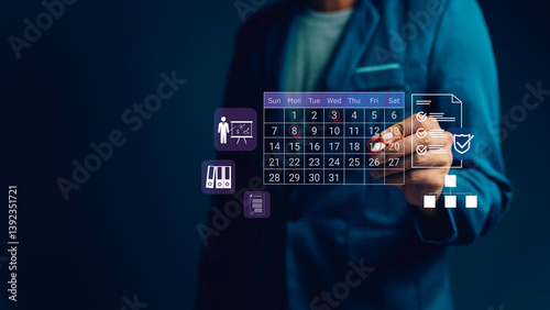 Obraz na płótnie Businessman interacting with virtual calendar interface, symbolizing task scheduling, productivity planning, document management, and digital organization for business efficiency. w salonie