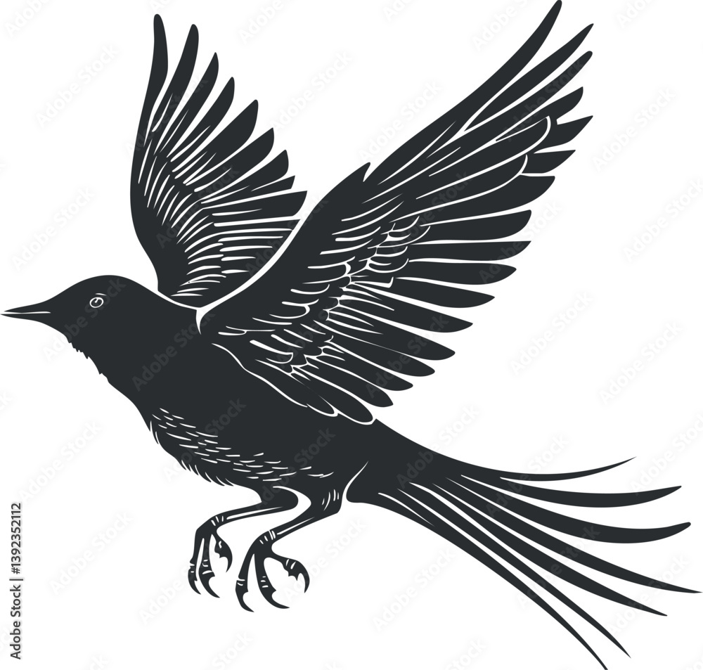 Obraz premium Illustration of a flying raven silhouette with detailed wings and tail in black vector art.