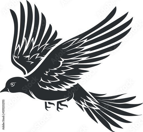 Silhouette of a bird in flight with wings spread wide in a dynamic pose.