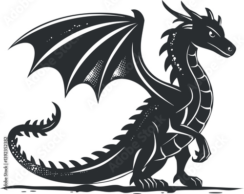 Illustration of a mythical dragon in silhouette with wings and tail, showcasing its legendary presence.