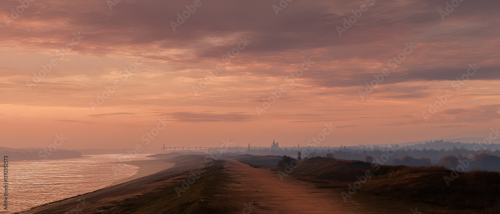 Fototapeta premium A beautiful sunset over a beach with a city in the distance