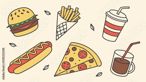 Fast Food Icons Burger, Hot Dog, Pizza, Fries, Soda