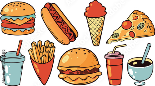 Delicious Fast Food Burgers, Hot Dogs, Pizza, Fries, Ice Cream