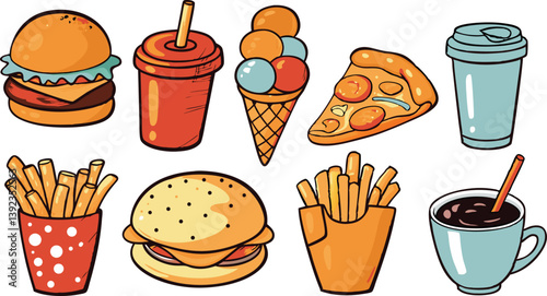 Fast Food Icons Burgers, Fries, Pizza, Ice Cream, Drinks