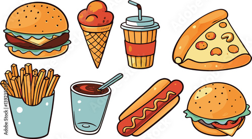 Delicious Fast Food Icons Burgers, Pizza, Fries, Ice Cream