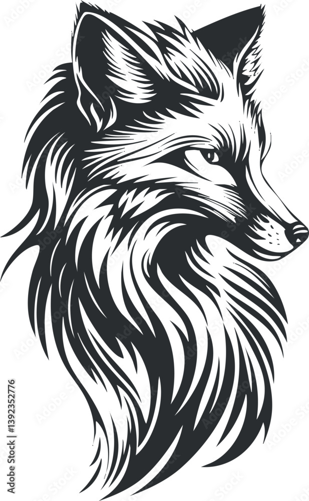 Fototapeta premium Stylized black and white illustration of a wolf head with intricate fur details.