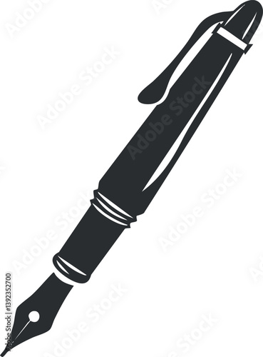 Black and white illustration of a classic fountain pen with detailed nib and cap.