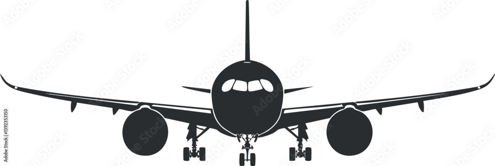 Obraz premium Silhouette of an airplane from the front view, showcasing its wings and landing gear.