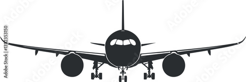 Silhouette of an airplane from the front view, showcasing its wings and landing gear.