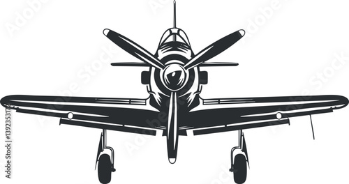 Black and white illustration of a vintage propeller airplane viewed from the front.
