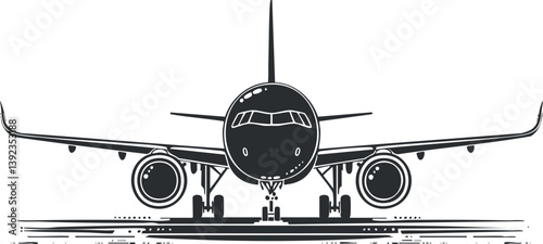 Black and white vector illustration of an airplane front view, emphasizing aviation and travel themes.