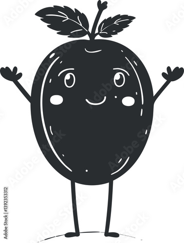 Cute cartoon fruit character with arms and leaf, smiling happily in black and white illustration.