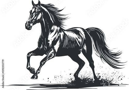 Black and white illustration of a galloping horse, capturing dynamic movement and powerful grace.