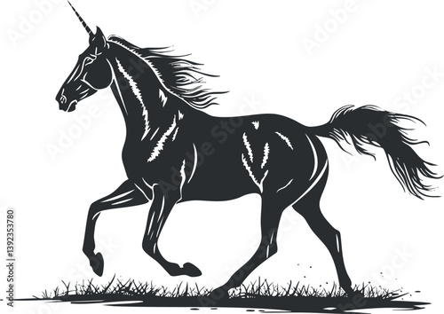 Black silhouette of a unicorn running on grass, showcasing mythical elegance and fantasy elements.