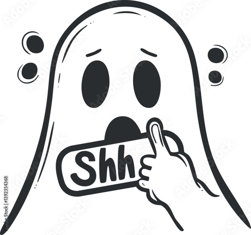 Cute cartoon ghost illustration making a shushing gesture with a finger over its mouth.