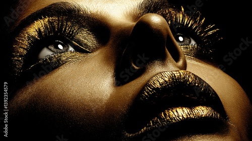 Obraz na płótnie Close-up of a woman's face with striking gold makeup and dramatic eyelashes w salonie