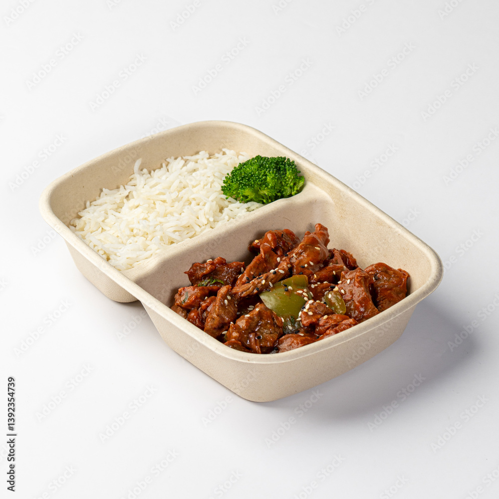 Beef and Rice with Broccoli in a Takeout Container Beef and Rice with Broccoli in a Takeout Container