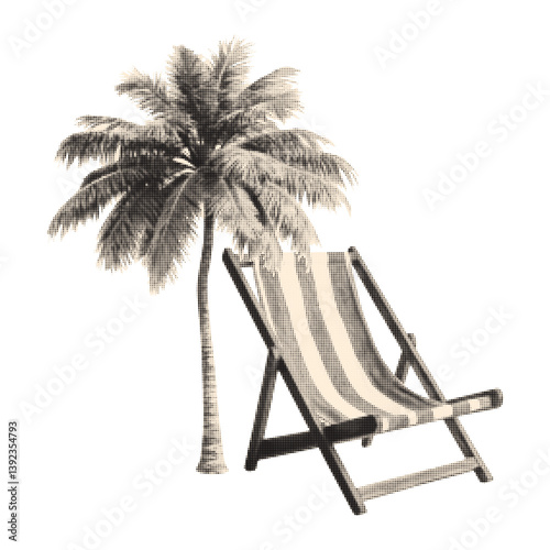 Trendy halftone collage elements palm tree and beach lounger. Vector illustration on an isolated background.