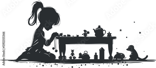 Silhouette of a girl playing a tea party with toys, showcasing childhood imagination and fun.
