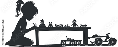 Silhouette of a girl playing with various toys on a table, including cars and trains.
