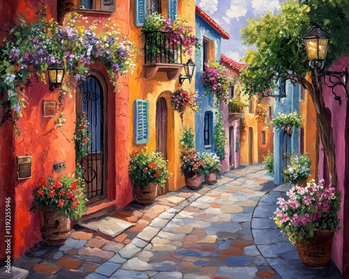 Charming Small Town Street: A Vibrant Sidewalk Scene with Colorful Flowers and Quaint Building Facades