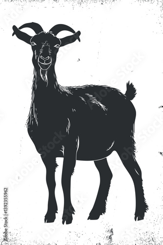 Silhouette of a goat standing with horns and beard on a white background.