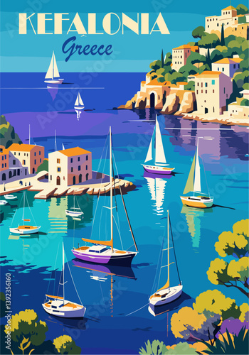 Kefalonia, Greece travel destination poster in retro style. Colorful vector art illustration