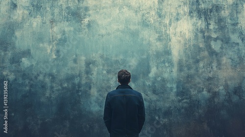 Man Stands Facing Textured Wall in Contemplative Pose and Moody Lighting