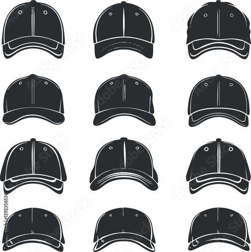 Vector illustration of multiple black and white baseball caps arranged in a repetitive pattern.