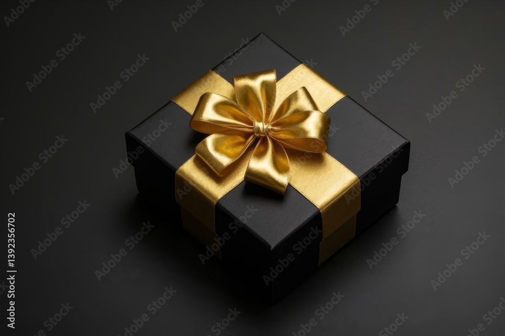 a close up of a black and gold gift box with a gold bow a close up of a black and gold gift box with a gold bow