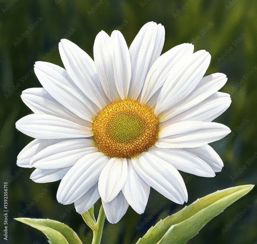 Naklejka premium Closeup of a White Daisy Flower with Yellow Center Against Dark Green Background