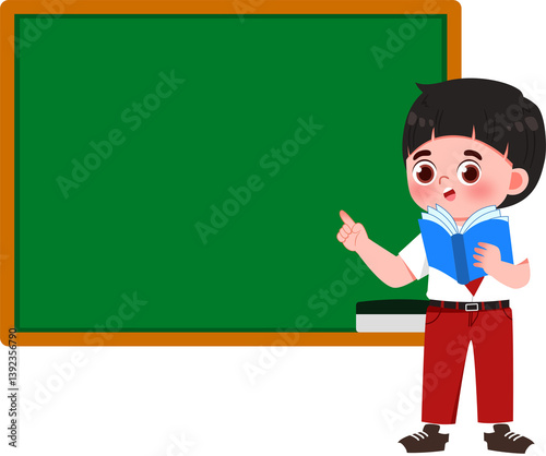 Smiling schoolboy presenting idea by green chalkboard