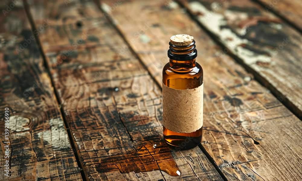 Small brown glass bottle with cork stopper sits on weathered wooden surface