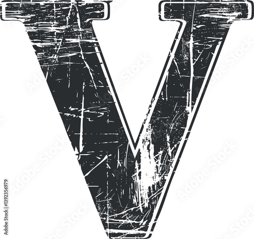 Grunge-style uppercase letter 'V' with distressed texture in black and white.