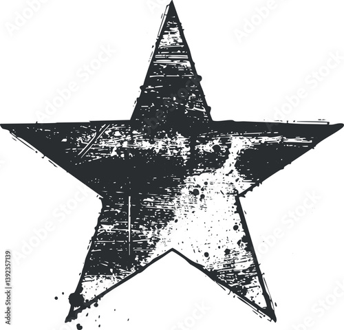 Grunge-style black and white star with distressed texture and splatter effects.