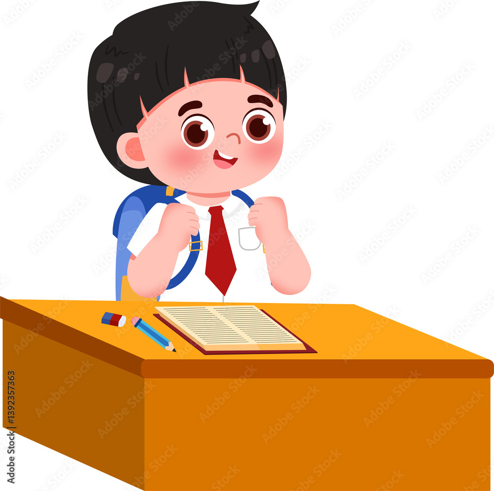 Joyful Schoolboy Triumphantly Studying at Desk with Open Book Joyful Schoolboy Triumphantly Studying at Desk with Open Book
