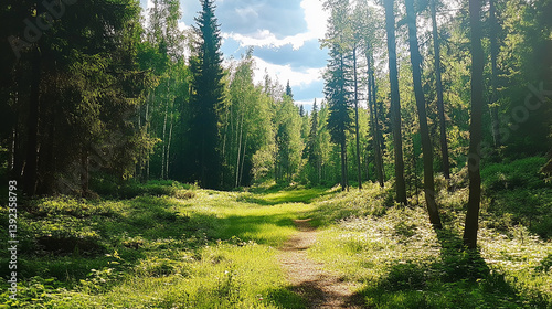 Sunlit Forest Path with Lush Greenery. Peaceful Nature Landscape