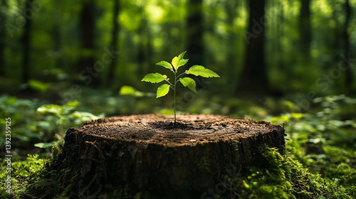 Close-Up of a Young Green Sapling Growing from a Tree Stump in a Lush Forest