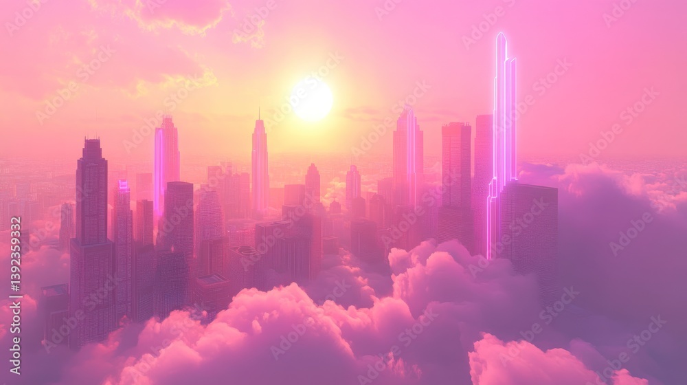 Fototapeta premium Pink City Skyline Above Clouds at Sunrise