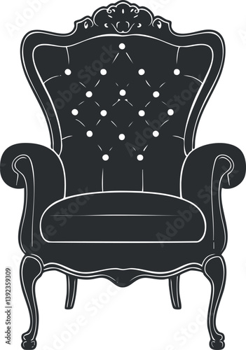 Illustration of an ornate, vintage armchair with buttoned upholstery and decorative black silhouette.