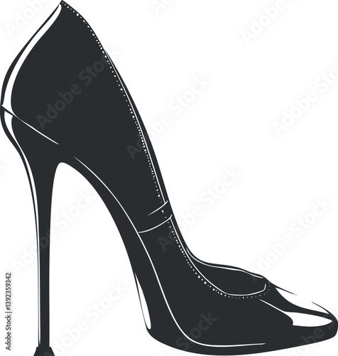 Illustration of a glossy black high heel shoe, highlighting elegant and classic fashion style.