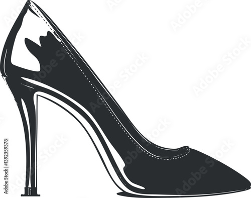 Black silhouette illustration of a stiletto high heel shoe, showcasing elegant fashion footwear.